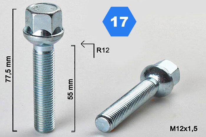 M12x1,5, Radius 12, Wielbout radius, Draadlengte 55mm, SW 17